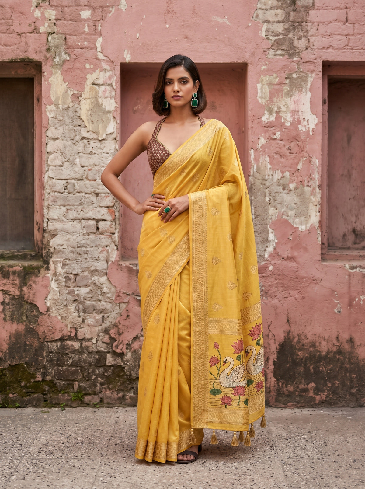 MIMOSA Gold Bhagalpuri Cotton Saree — pose 4 styling detail