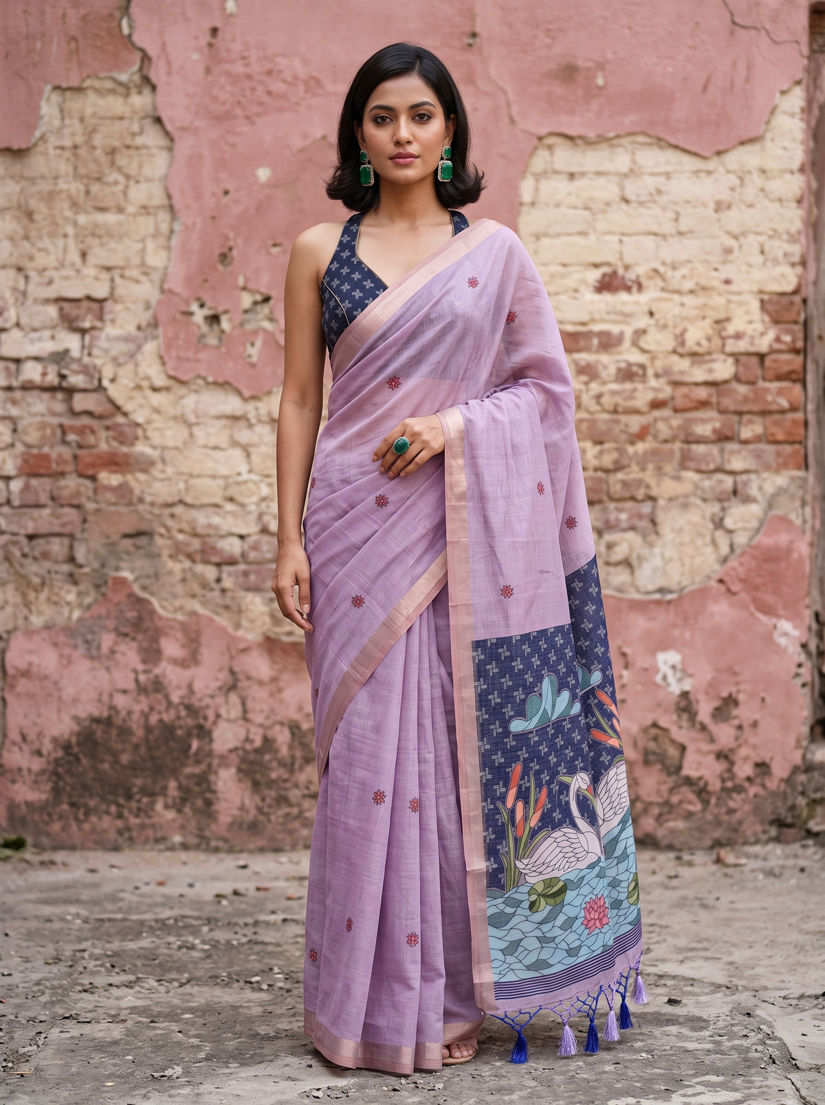 MIMOSA Lavender Bhagalpuri Cotton Saree — front view on mannequin