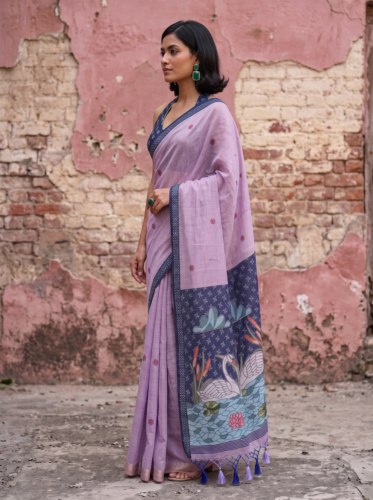 MIMOSA Lavender Bhagalpuri Cotton Saree — pose 3 styling detail