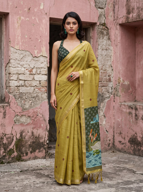 MIMOSA Mehndi Bhagalpuri Cotton Saree — front view on mannequin