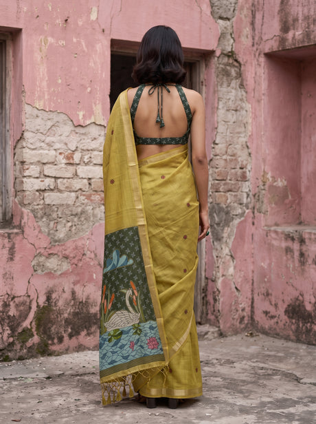 MIMOSA Mehndi Bhagalpuri Cotton Saree — pose 2 styling detail