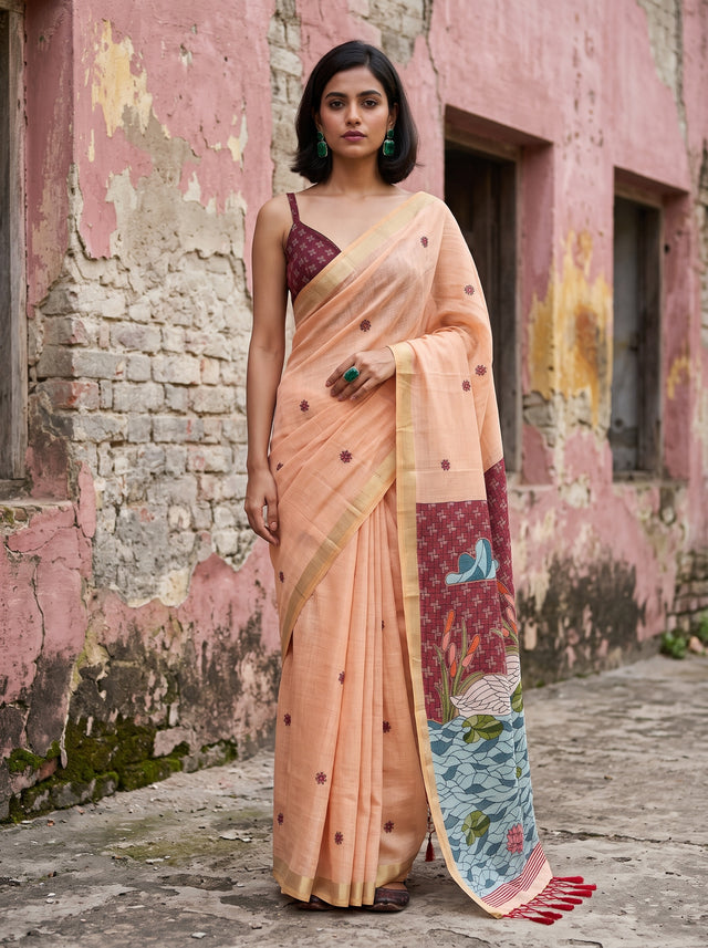 MIMOSA Peach Bhagalpuri Cotton Saree — front view on mannequin