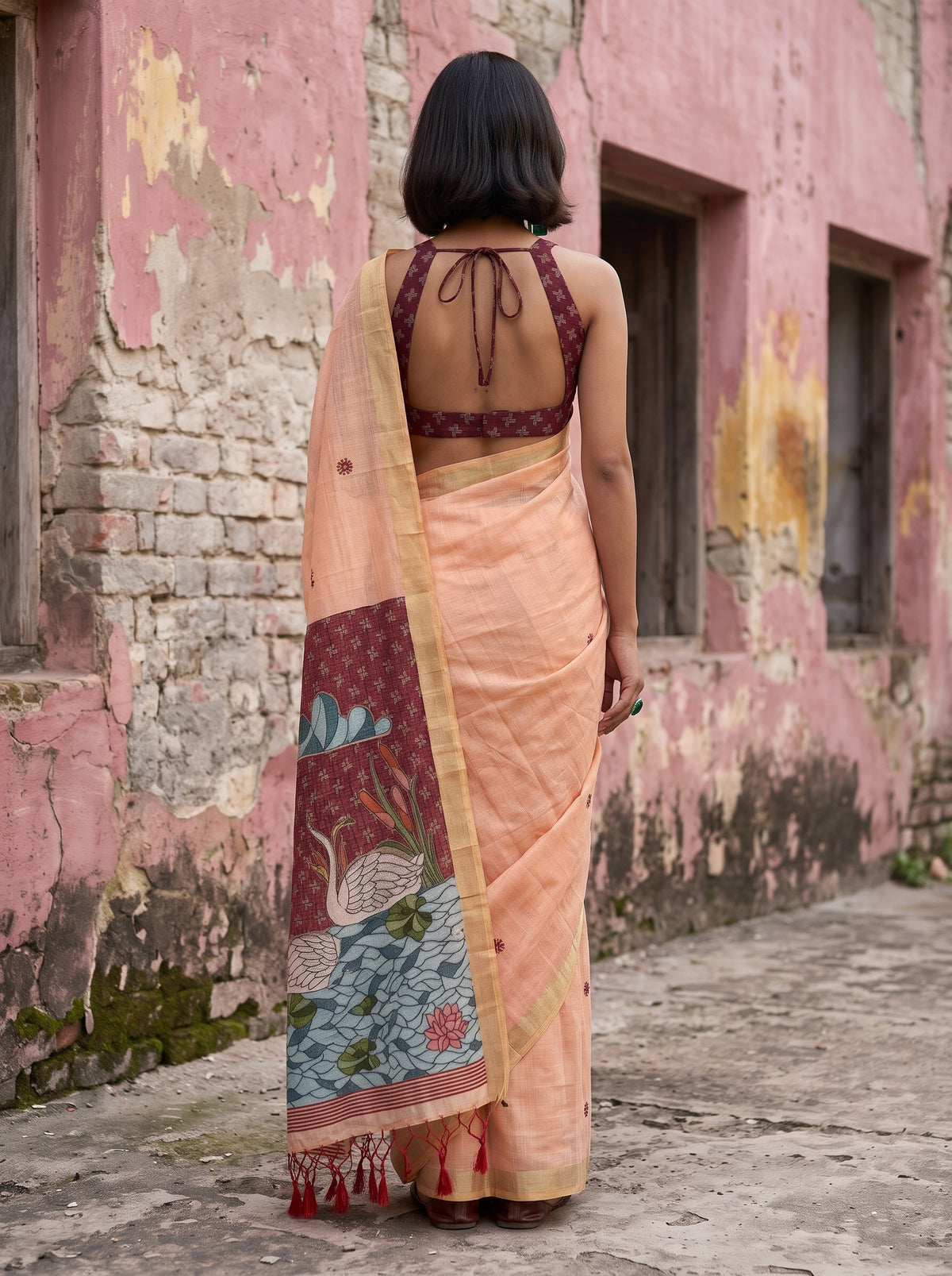MIMOSA Peach Bhagalpuri Cotton Saree — pose 2 styling detail