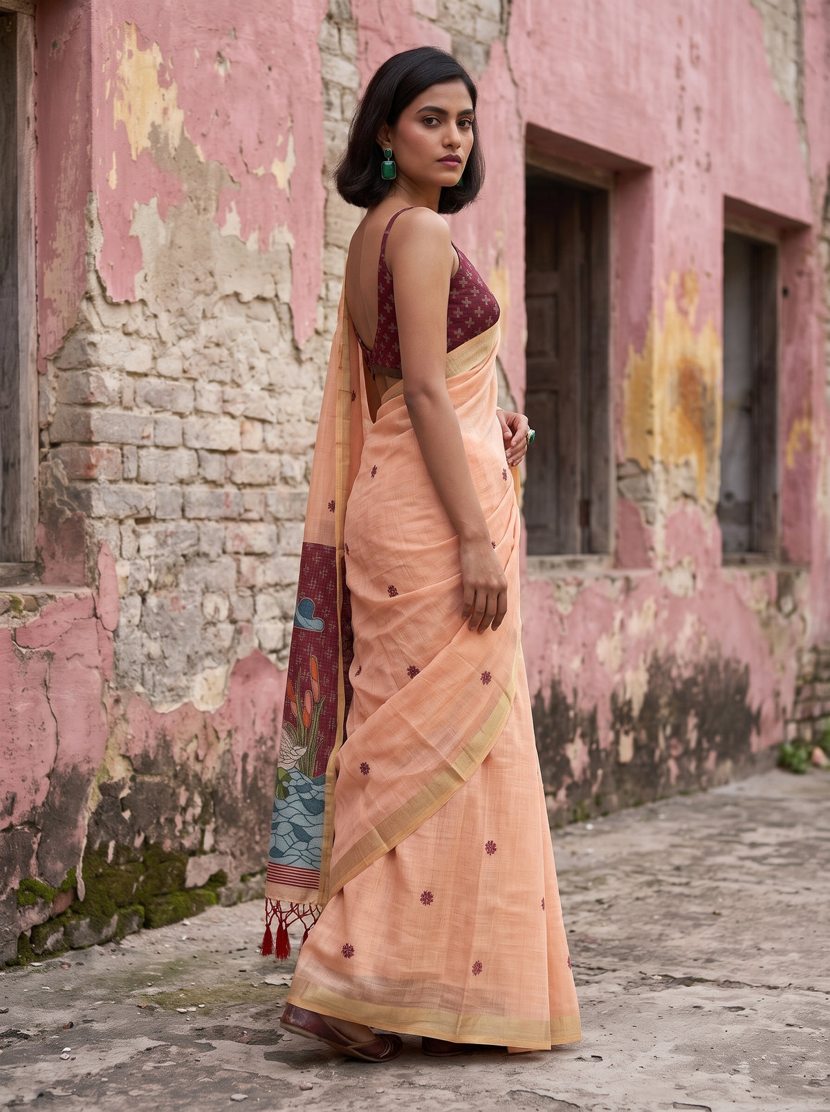 MIMOSA Peach Bhagalpuri Cotton Saree — pose 5 styling detail