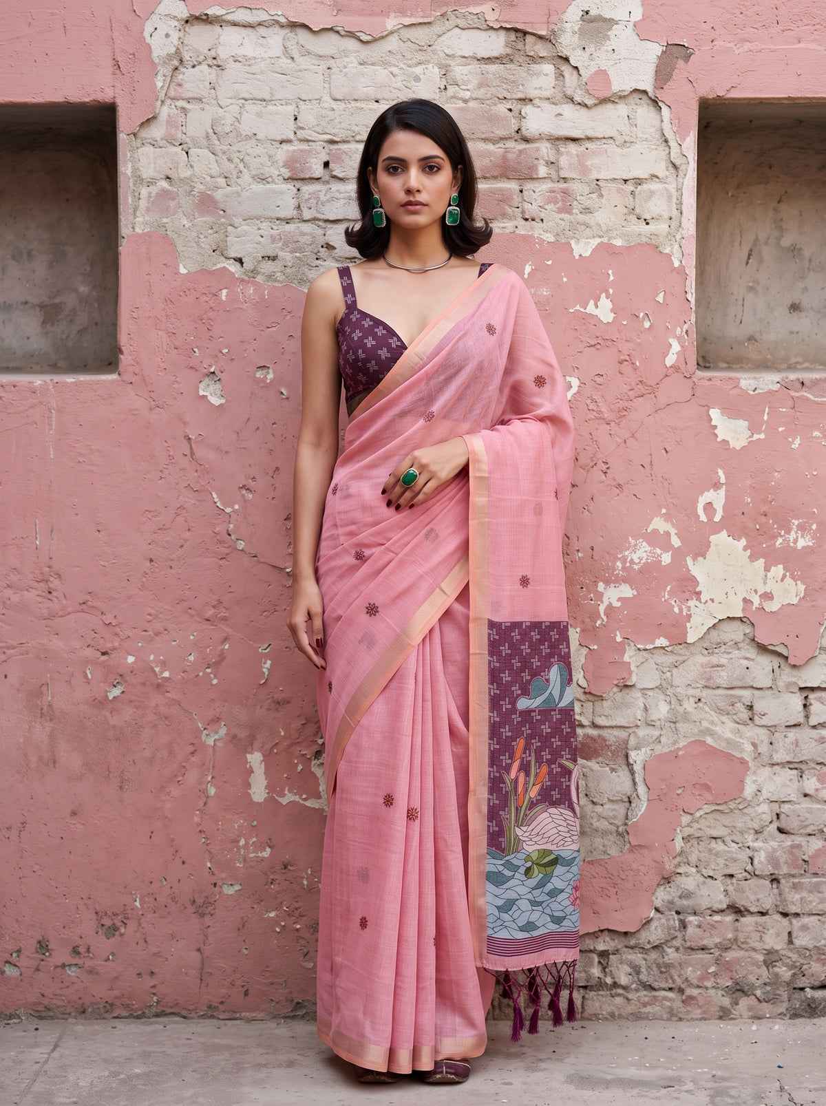 MIMOSA Pink Bhagalpuri Cotton Saree — front view on mannequin