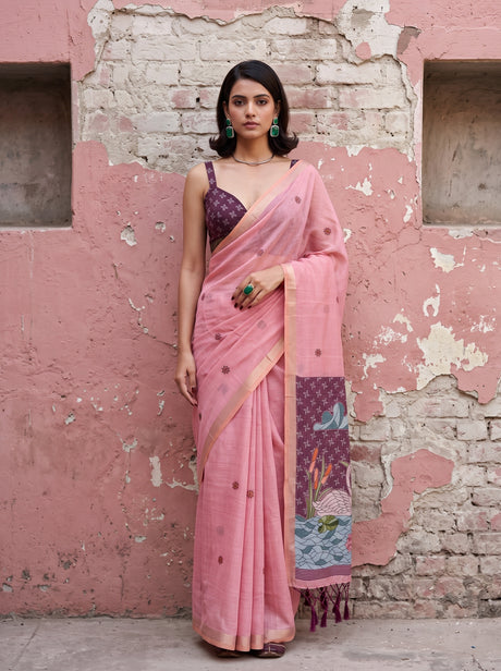 MIMOSA Pink Bhagalpuri Cotton Saree — front view on mannequin