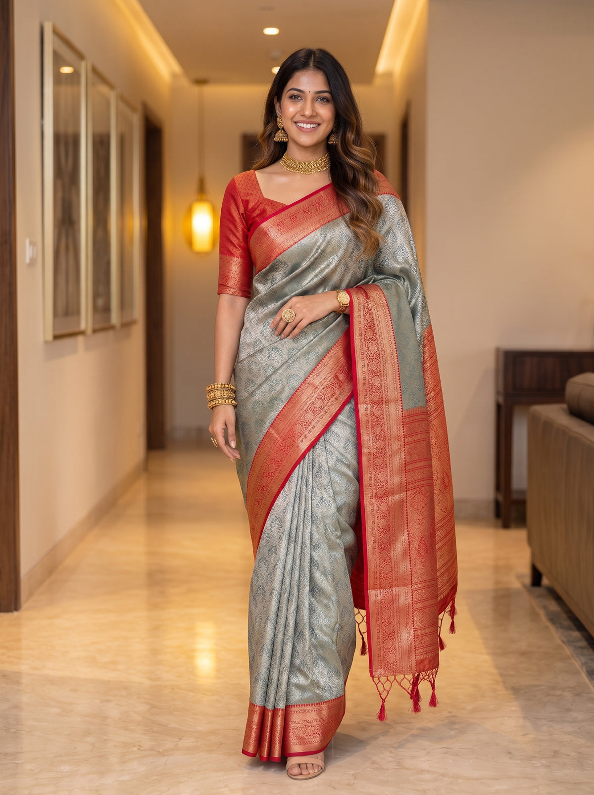 MIMOSA Bottle Green Kanjivaram Saree — pose 6 styling detail