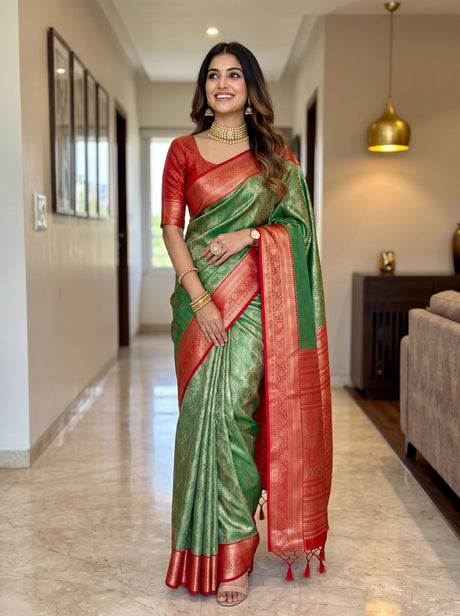 MIMOSA Green Kanjivaram Saree — front view on mannequin