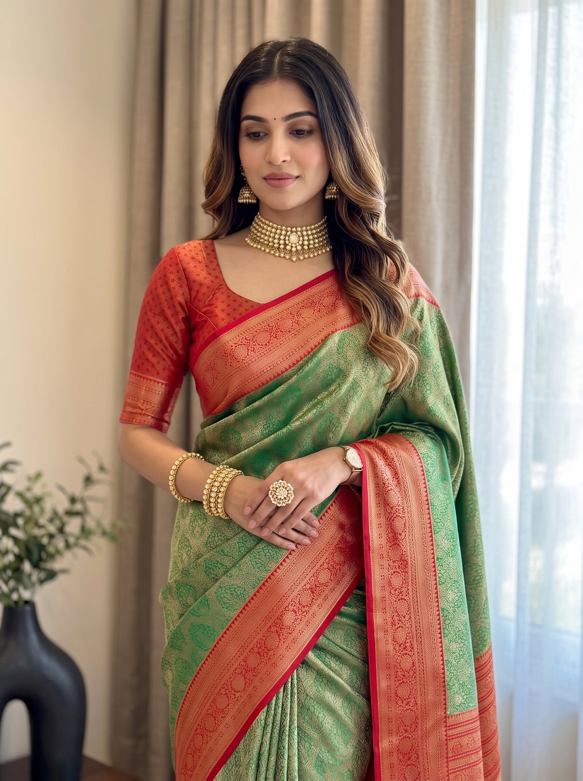 MIMOSA Green Kanjivaram Saree — pose 10 styling detail