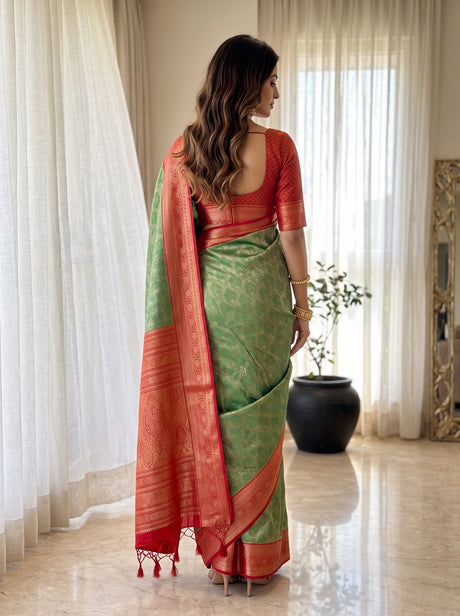 MIMOSA Green Kanjivaram Saree — pose 2 styling detail