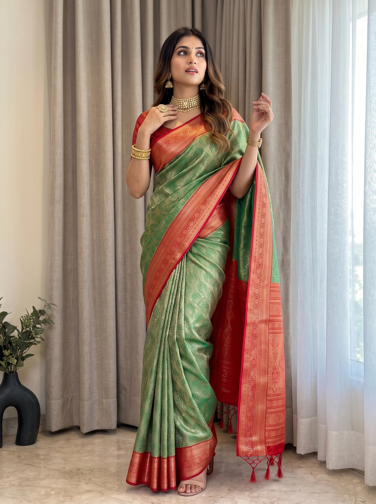MIMOSA Green Kanjivaram Saree — pose 5 styling detail