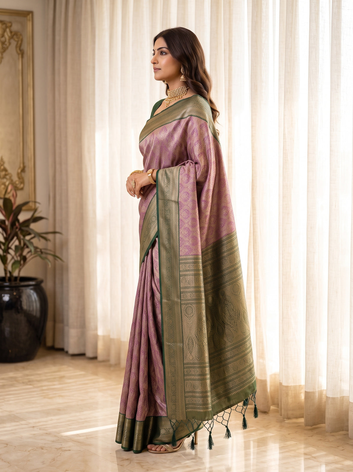 MIMOSA Magenta Kanjivaram Saree — pose 3 styling detail
