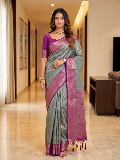 MIMOSA Sapphire Kanjivaram Saree — front view on mannequin