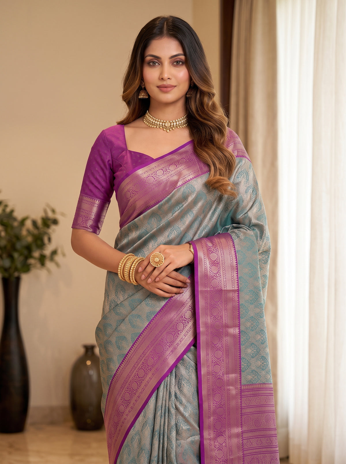 MIMOSA Sapphire Kanjivaram Saree — pose 10 styling detail