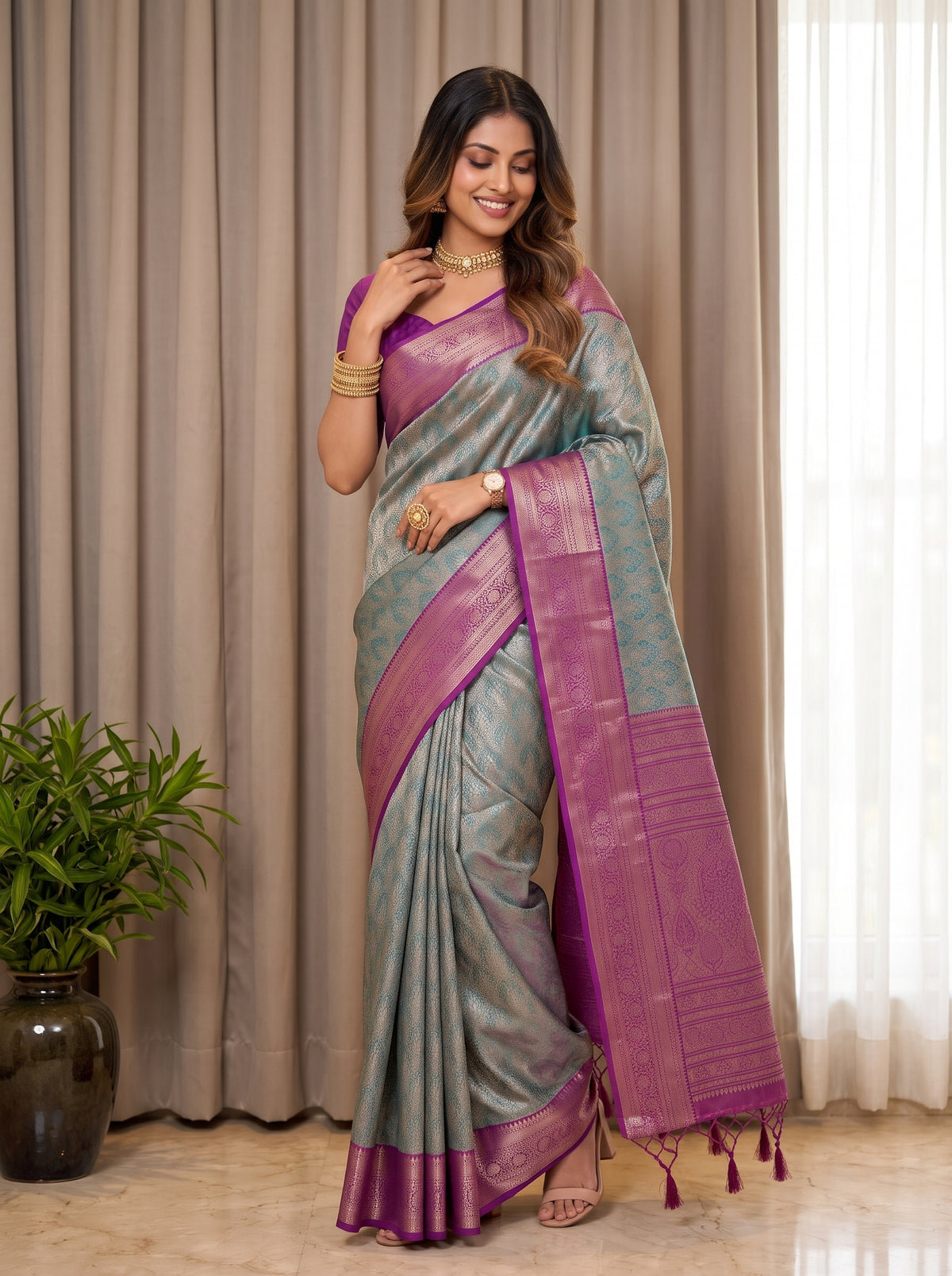MIMOSA Sapphire Kanjivaram Saree — pose 9 styling detail