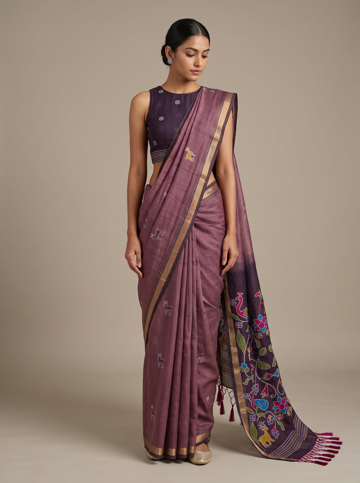 MIMOSA Wine Bhagalpuri Cotton linen Saree — model lifestyle pose