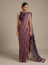 MIMOSA Wine Bhagalpuri Cotton linen Saree — model lifestyle pose