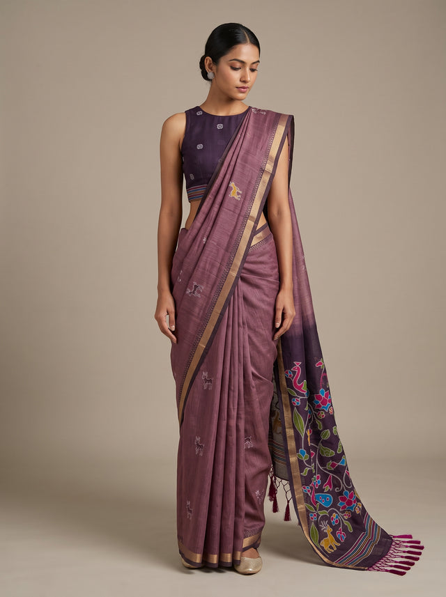 MIMOSA Wine Bhagalpuri Cotton linen Saree — model lifestyle pose