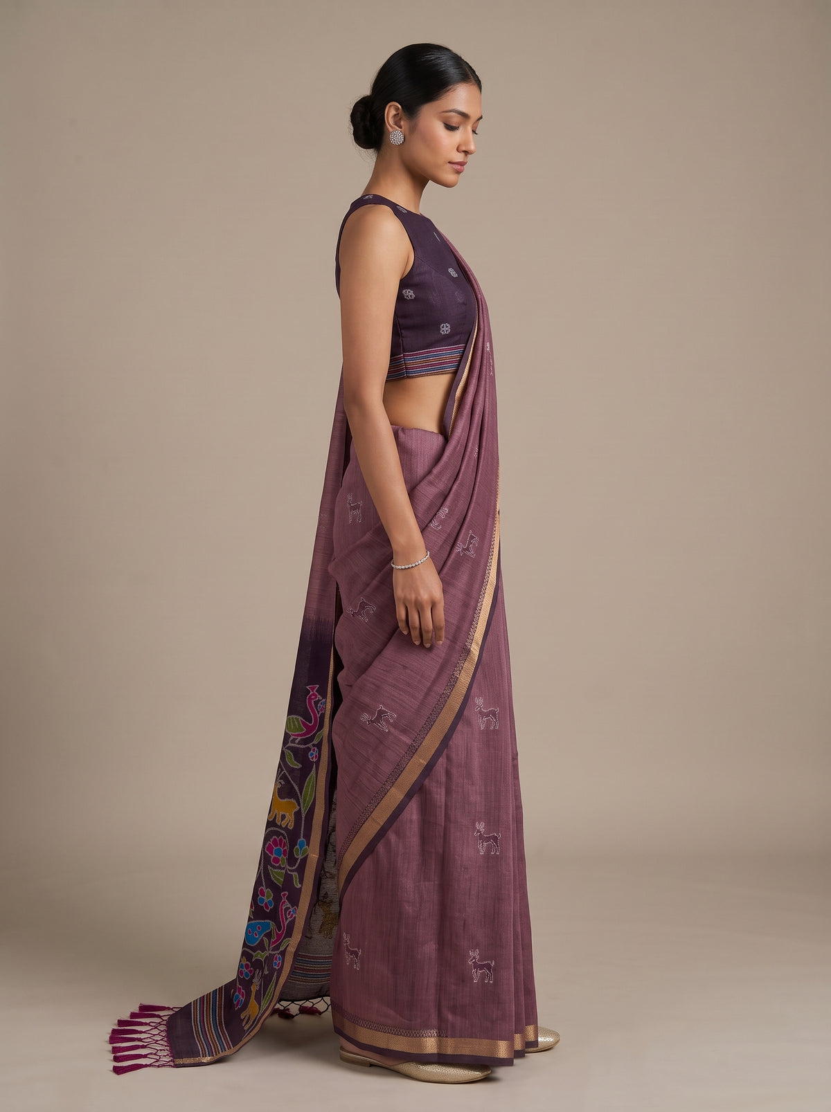 MIMOSA Wine Bhagalpuri Cotton linen Saree — close-up of model's face