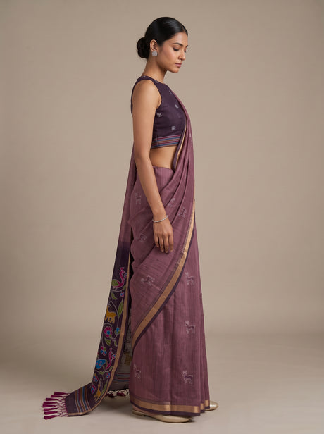 MIMOSA Wine Bhagalpuri Cotton linen Saree — close-up of model's face