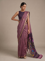 MIMOSA Wine Bhagalpuri Cotton linen Saree — close-up of model's shoulder and arm