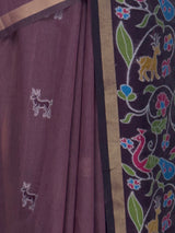 MIMOSA Wine Bhagalpuri Cotton linen Saree — close-up of pallu design and tassels