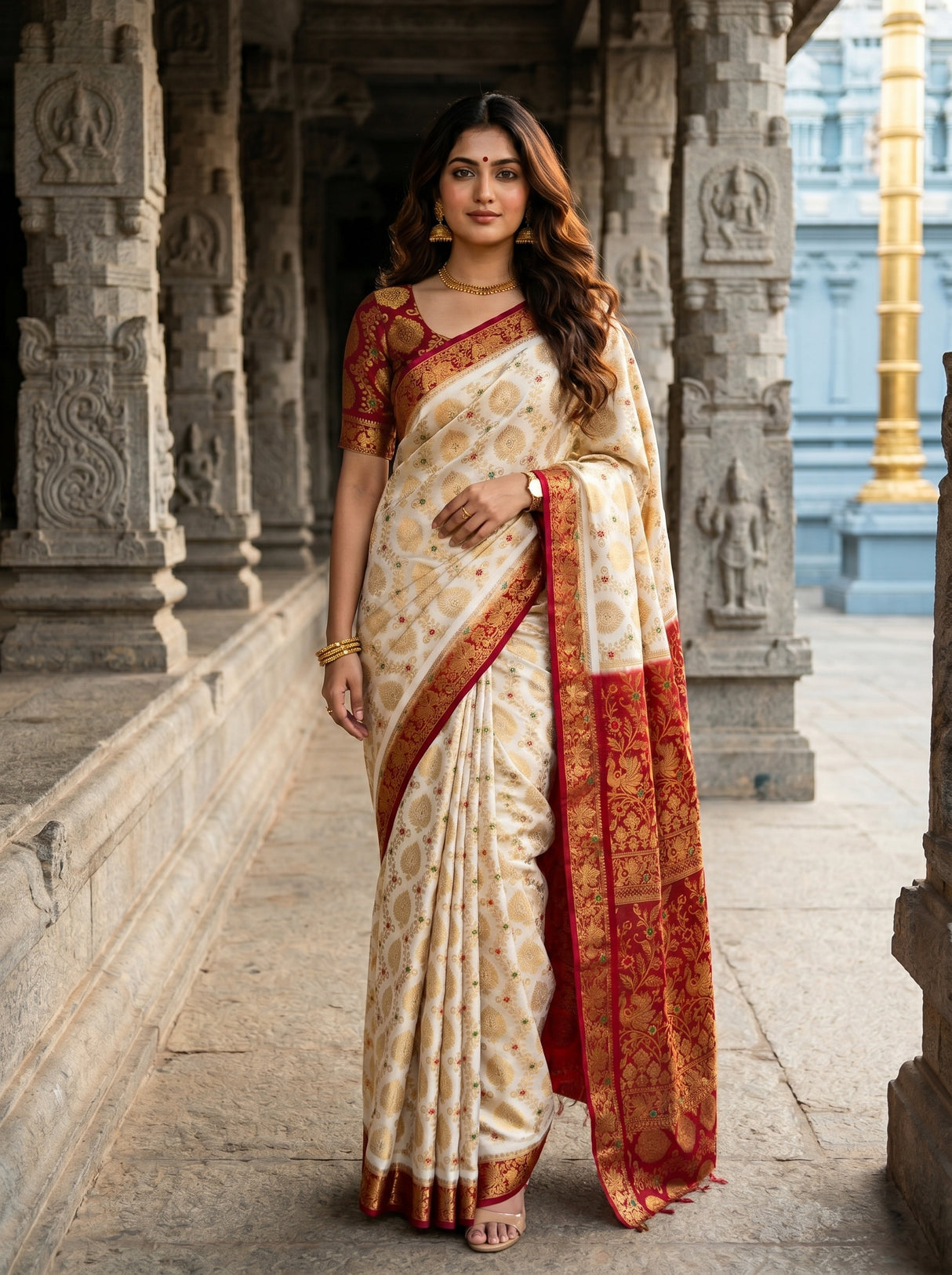 MIMOSA White Kanjivaram Art Silk Saree — Model posing in temple