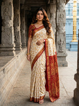 MIMOSA White Kanjivaram Art Silk Saree — Model posing in temple