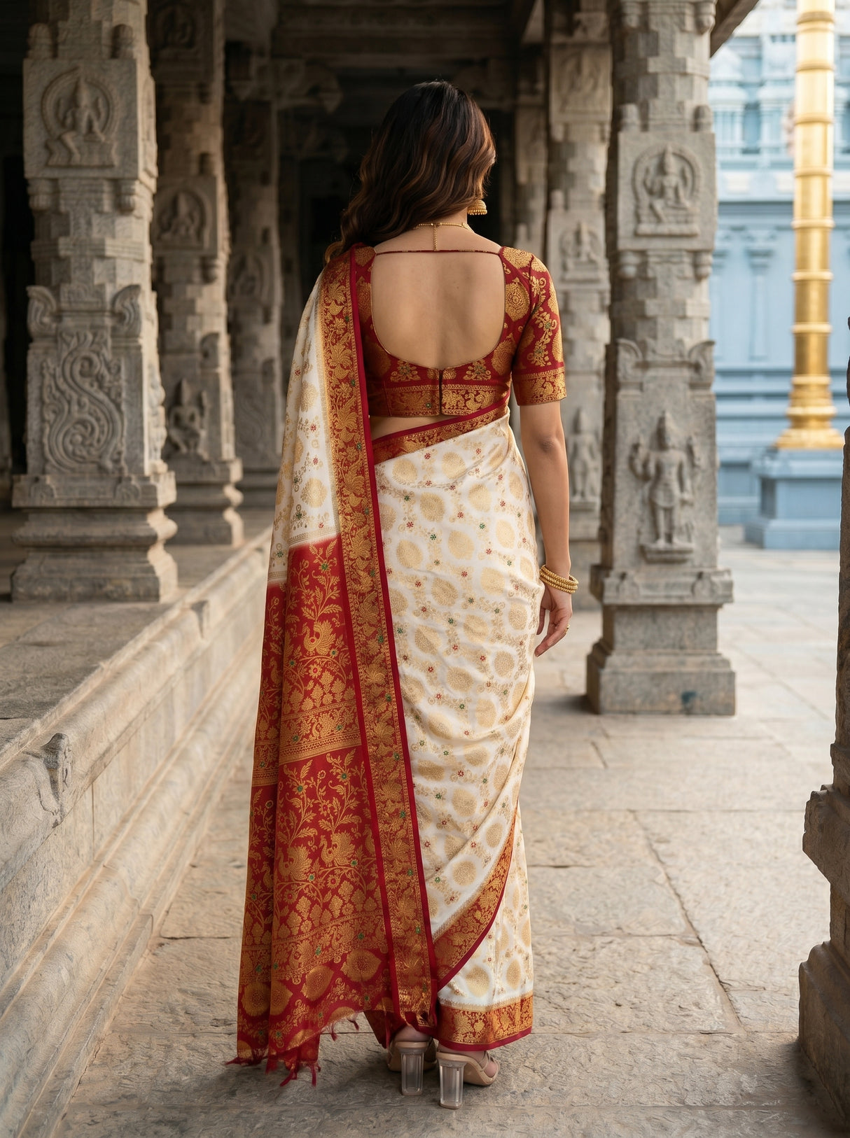 MIMOSA White Kanjivaram Art Silk Saree — Saree pallu and body details