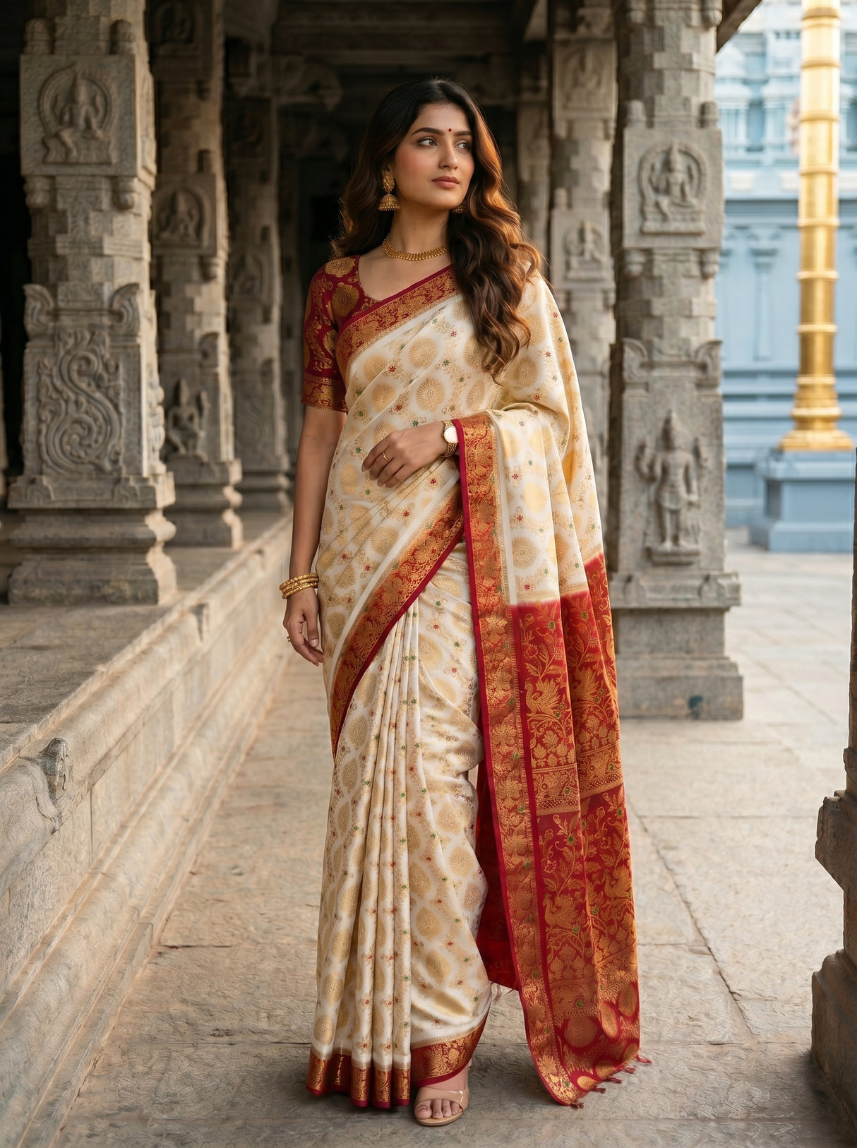 MIMOSA White Kanjivaram Saree — pose 5 styling detail