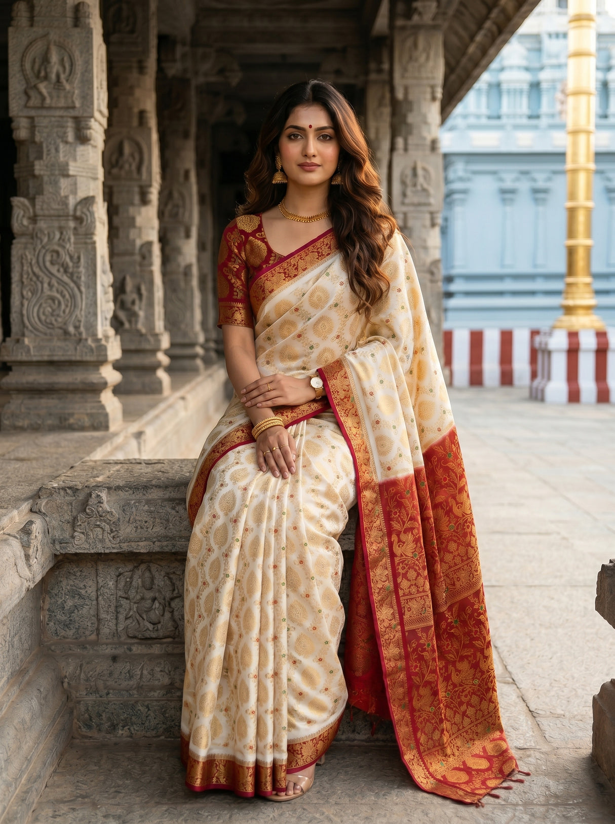 MIMOSA White Kanjivaram Saree — pose 8 styling detail