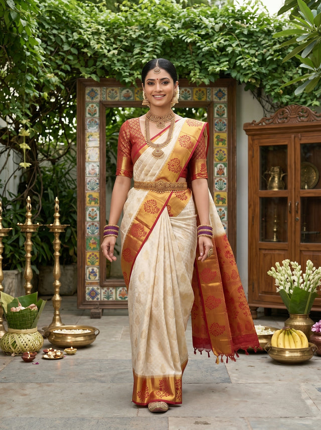 MIMOSA White Kanjivaram Art Silk Saree — Saree shot