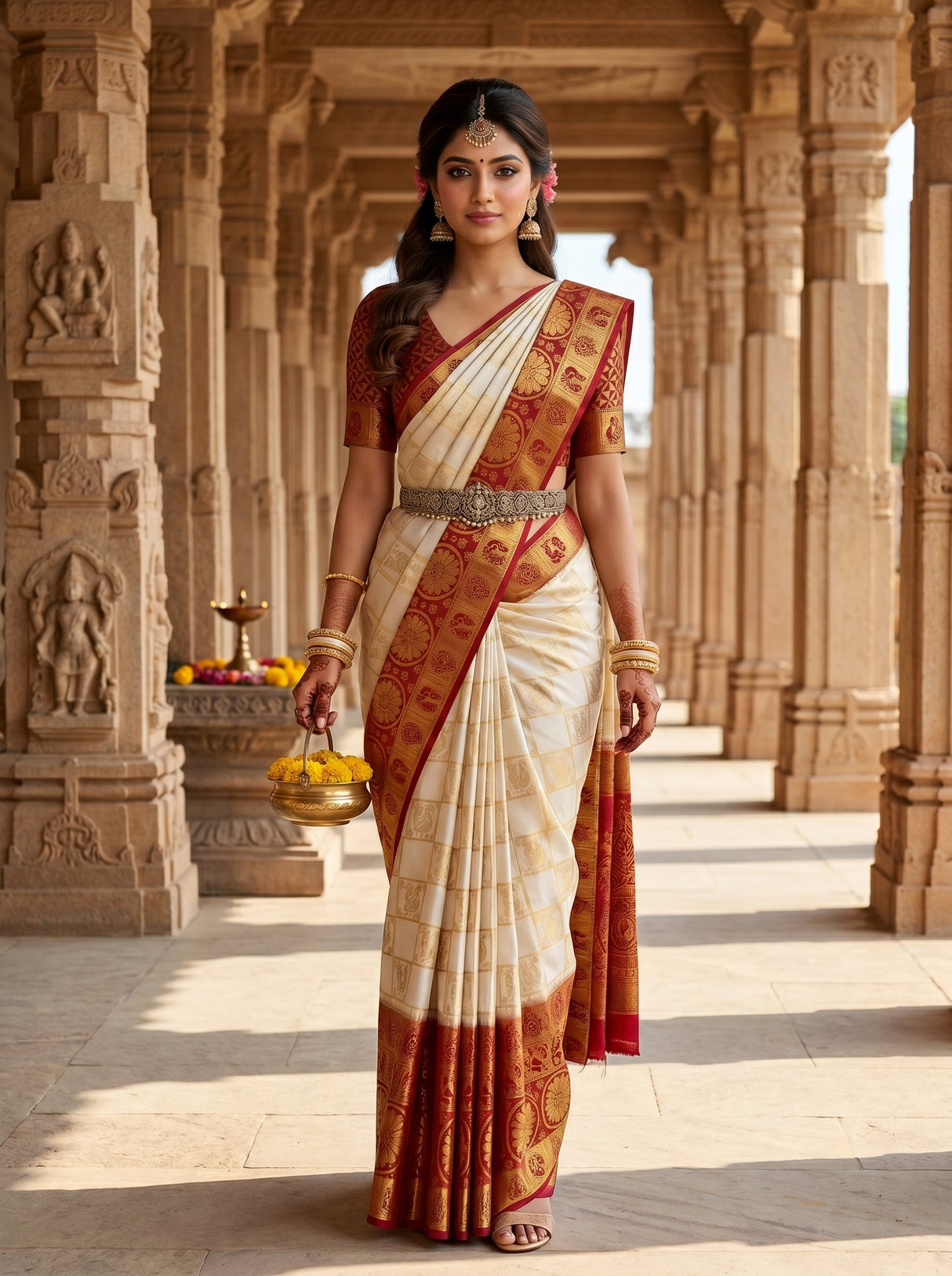 MIMOSA White Kanjivaram Art Silk Saree — Model lifestyle pose