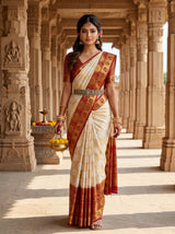 MIMOSA White Kanjivaram Art Silk Saree — Model lifestyle pose