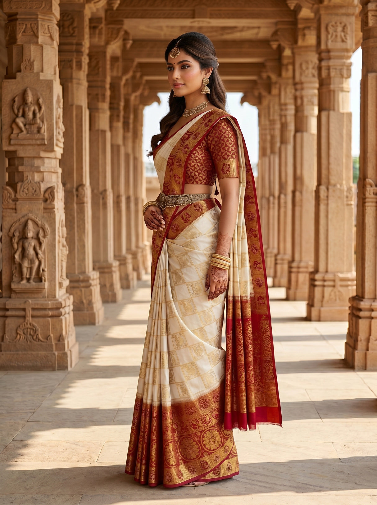 MIMOSA White Kanjivaram Art Silk Saree — pose 3 styling detail