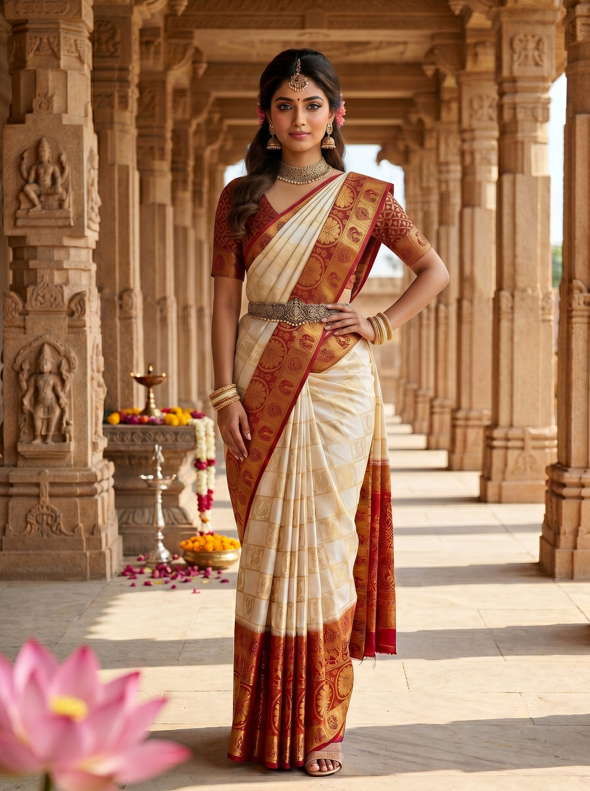 MIMOSA White Kanjivaram Art Silk Saree — pose 4 styling detail