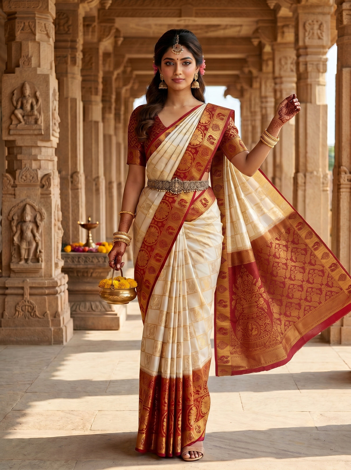 MIMOSA White Kanjivaram Art Silk Saree — pose 5 styling detail