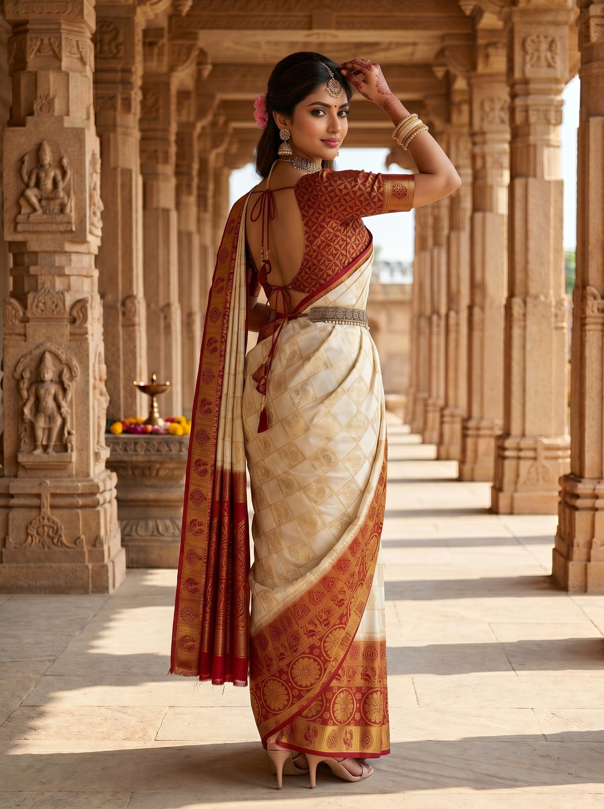 MIMOSA White Kanjivaram Art Silk Saree — pose 7 styling detail