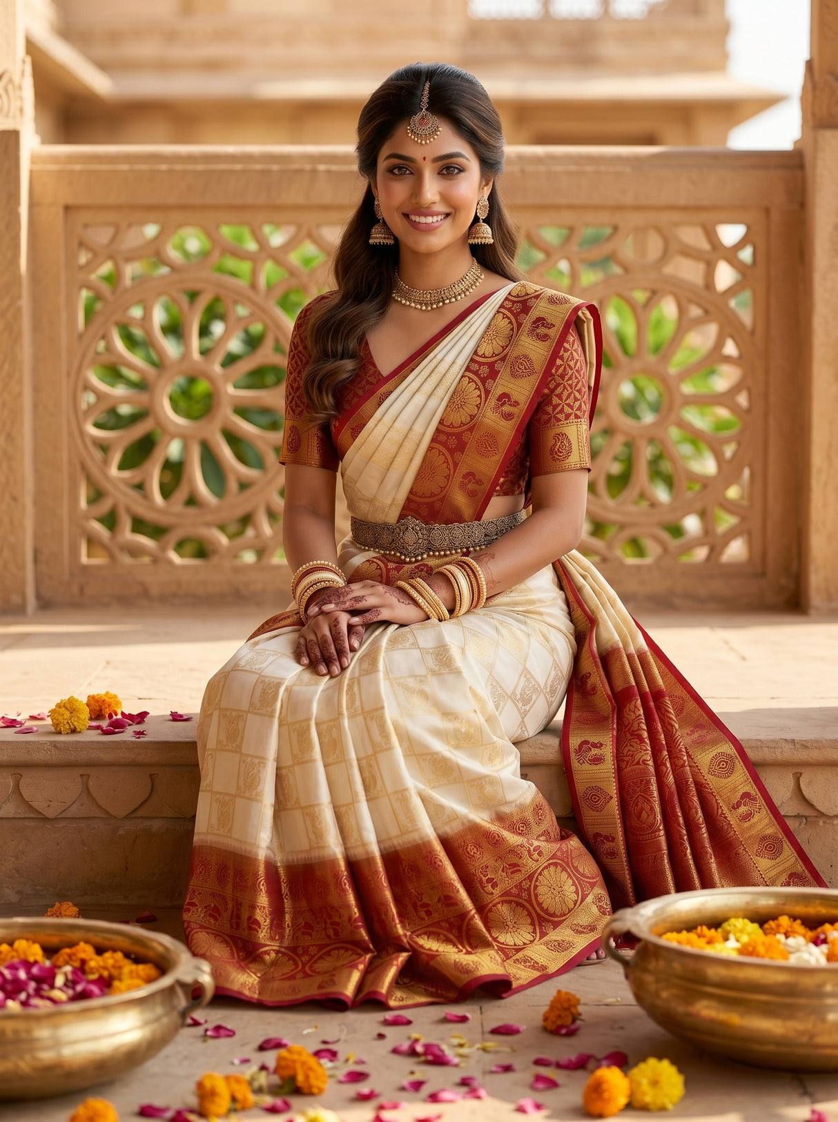MIMOSA White Kanjivaram Art Silk Saree — pose 8 styling detail