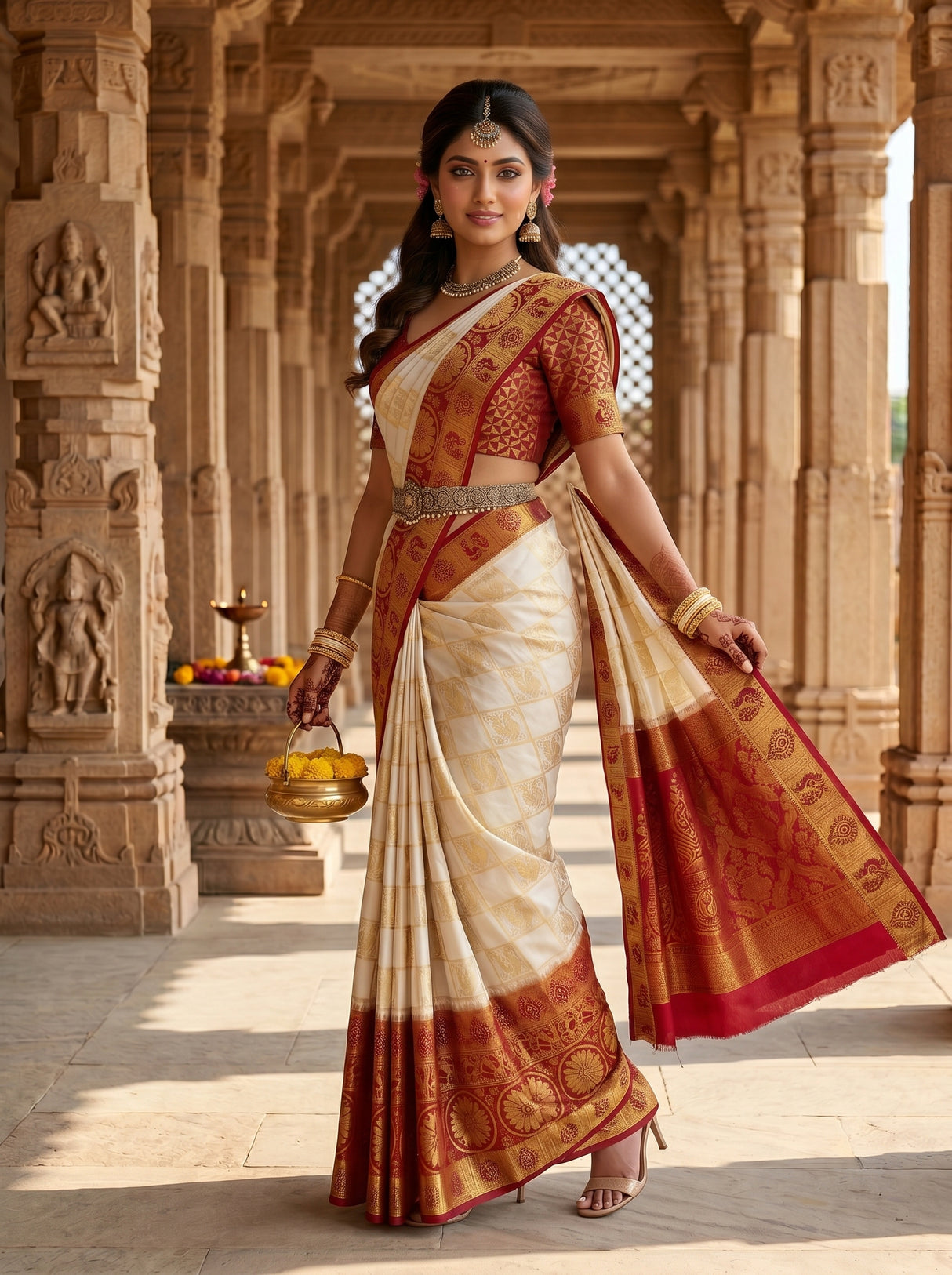 MIMOSA White Kanjivaram Art Silk Saree — pose 9 styling detail