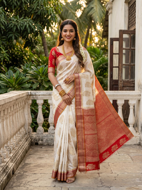 MIMOSA White Kanjivaram Art Silk Saree — full length model pose