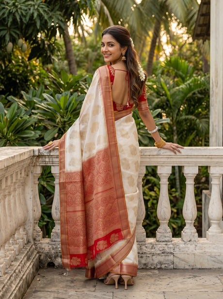 MIMOSA White Kanjivaram Art Silk Saree — close-up of model's face and jewellery
