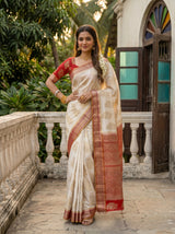 MIMOSA White Kanjivaram Art Silk Saree — close-up of pallu and lower body