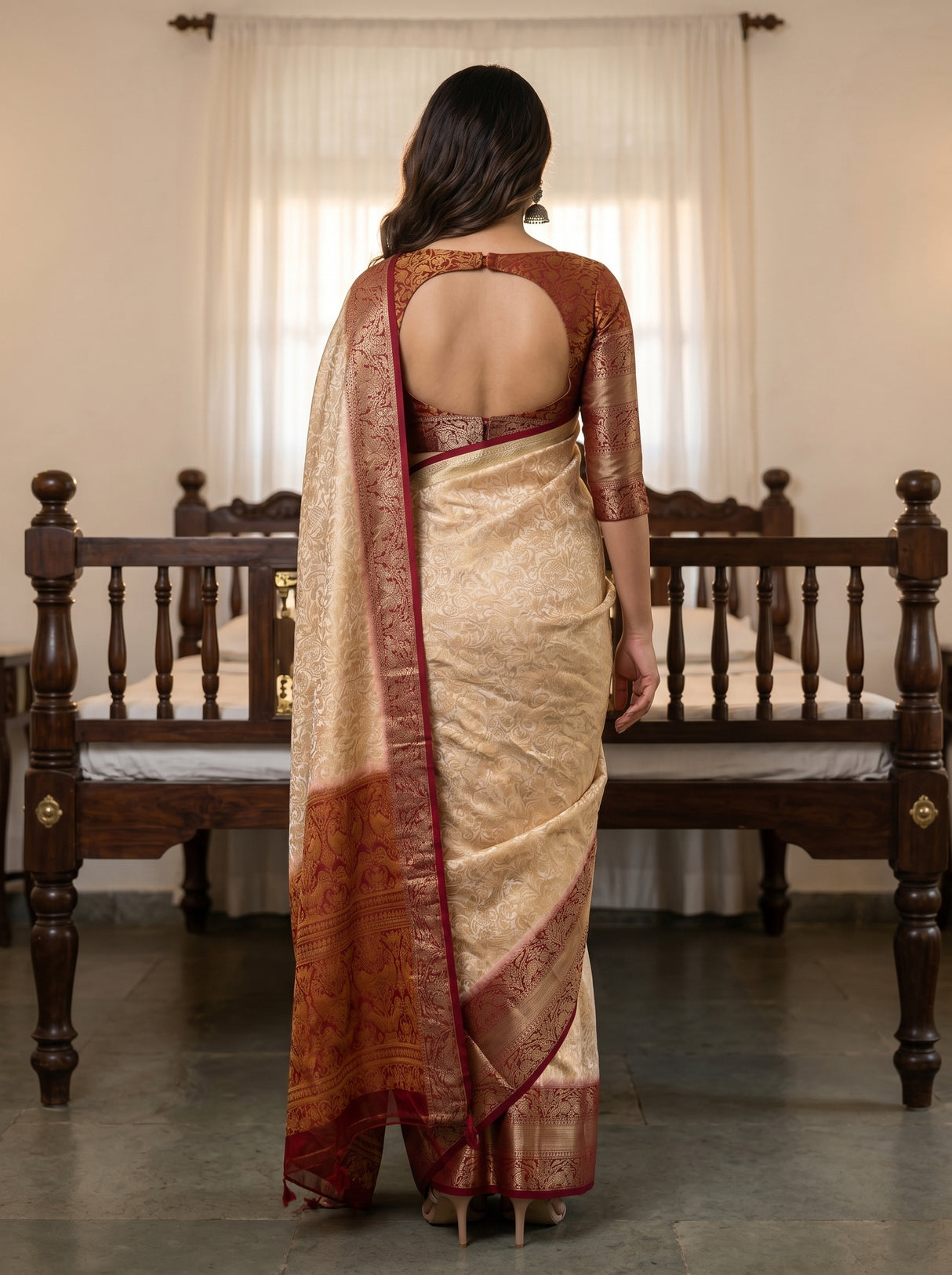MIMOSA White Kanjivaram Saree — pose 2 styling detail