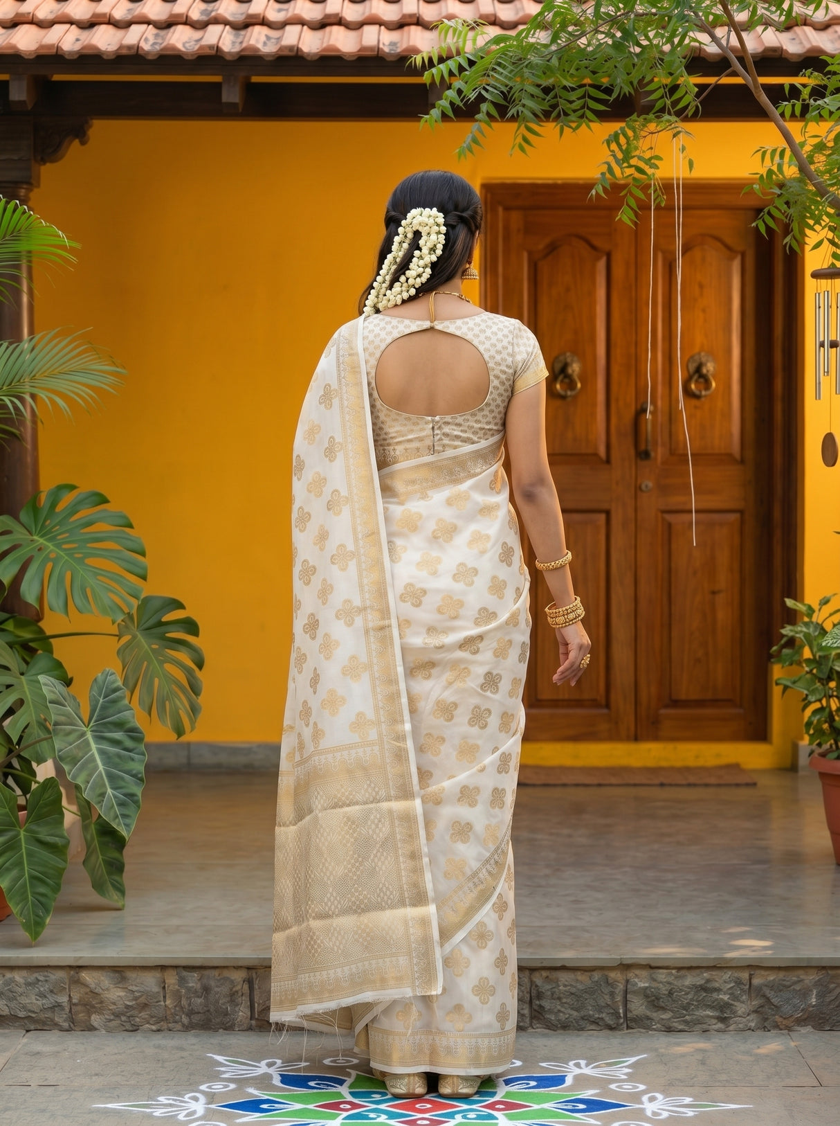 MIMOSA White Mysore Silk Saree — pose 2 styling detail