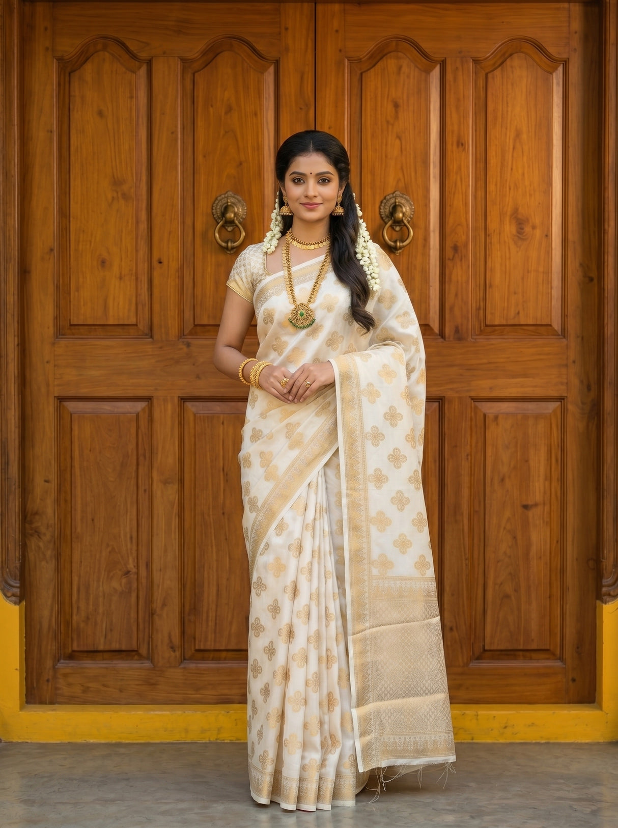 MIMOSA White Mysore Silk Saree — pose 9 styling detail