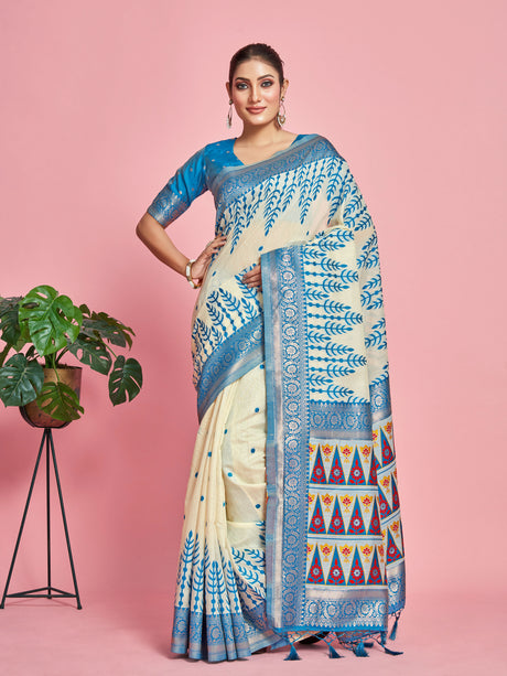 Mimosa Women's Woven Design Banarasi Linen Saree With Blouse Piece : SA00001284IBFREE