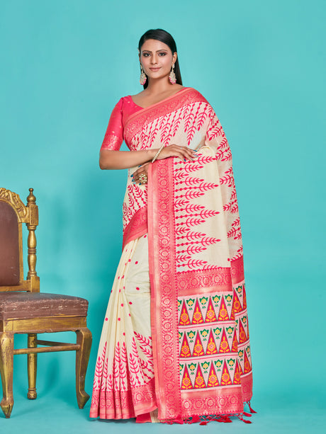 Mimosa Women's Woven Design Banarasi Linen Saree With Blouse Piece : SA00001284RNFREE
