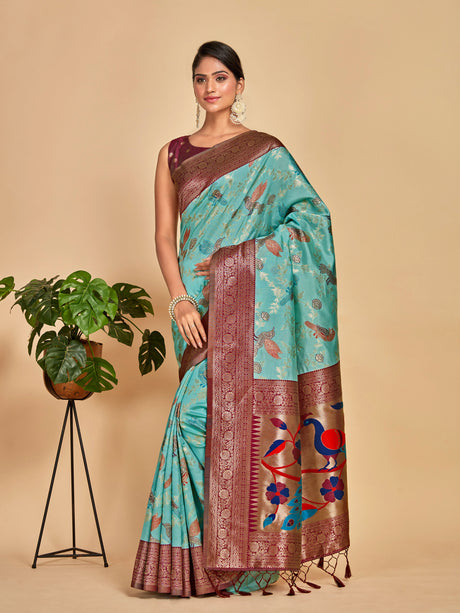Mimosa Women's Woven Design Banarasi Lenin Saree With Blouse Piece : SA00001281SFFREE