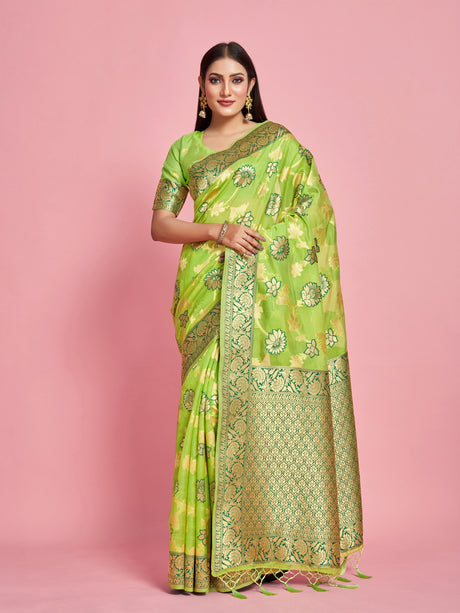 Mimosa Women's Woven Design Banarasi Linen Saree With Blouse Piece : SA00001273LRFREE